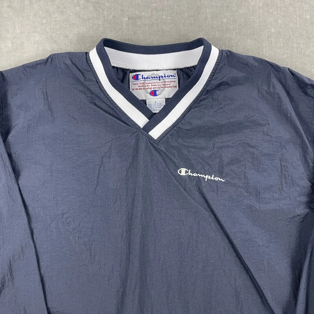 Vintage Champion Men Large Navy Blue Windbreaker Pullover V-Neck Kangaroo Pocket
